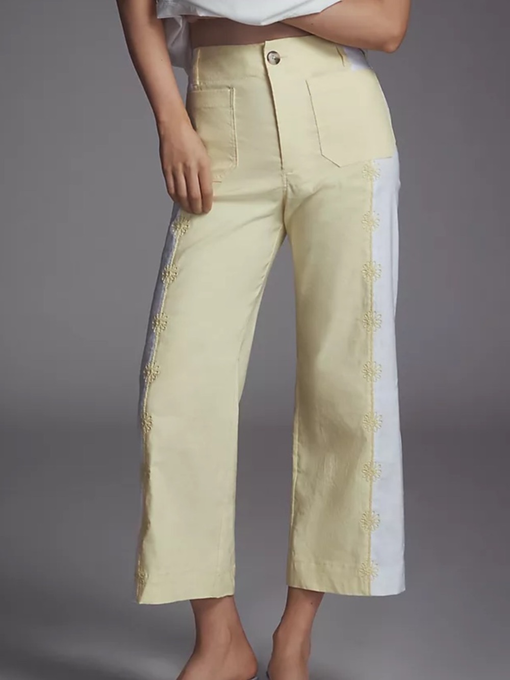 Maeve Anthropologie the Colette embroidered crop wide leg pants in lemon juice